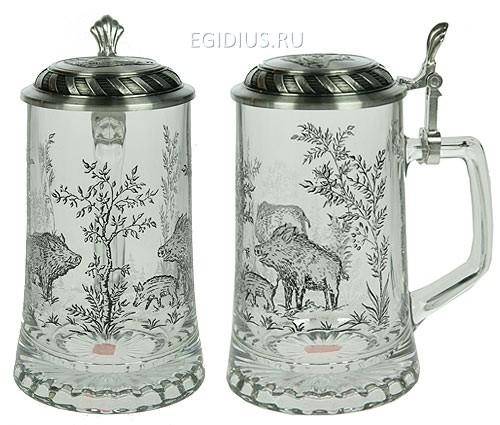 Пивная кружка коллекционная Охота на кабана с крышкой 0,5л 112-001 фото 1 &mdash; Egidius.ru