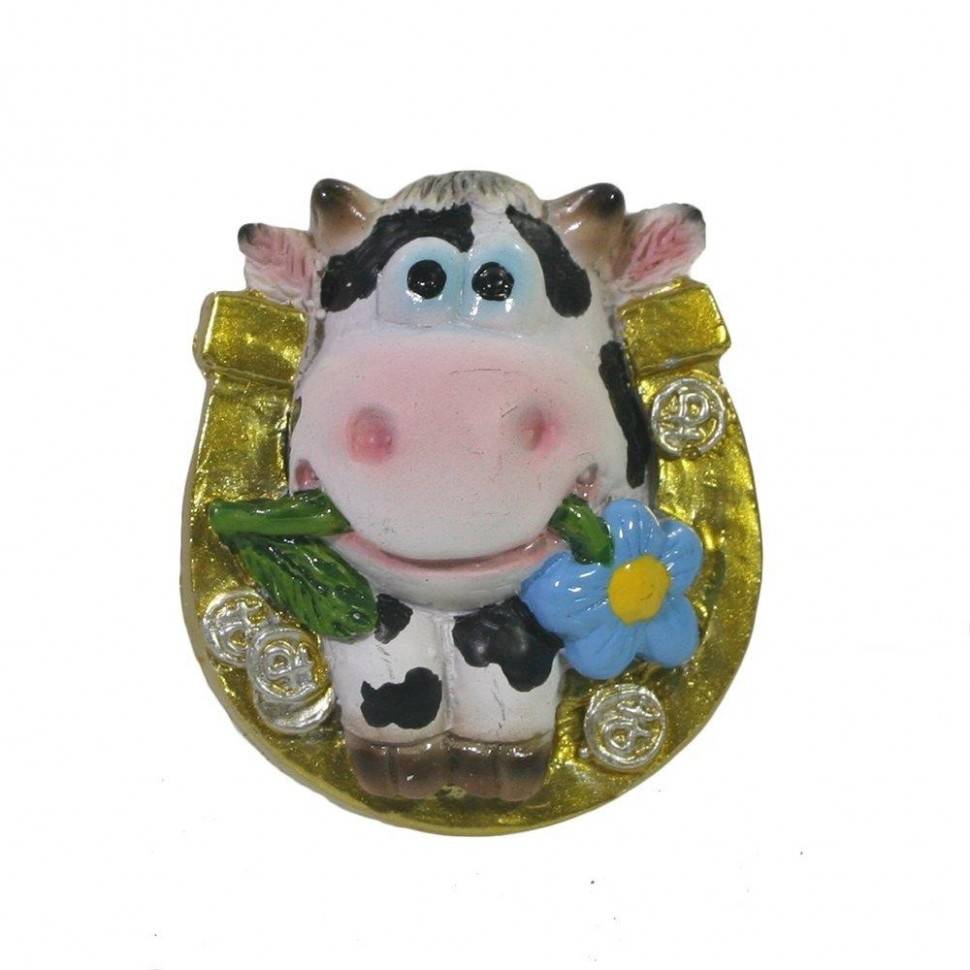 Магнит Подкова с Буренкой (золото+пятно) L4.5W4H2 см 82-1844 фото 1 &mdash; Egidius.ru