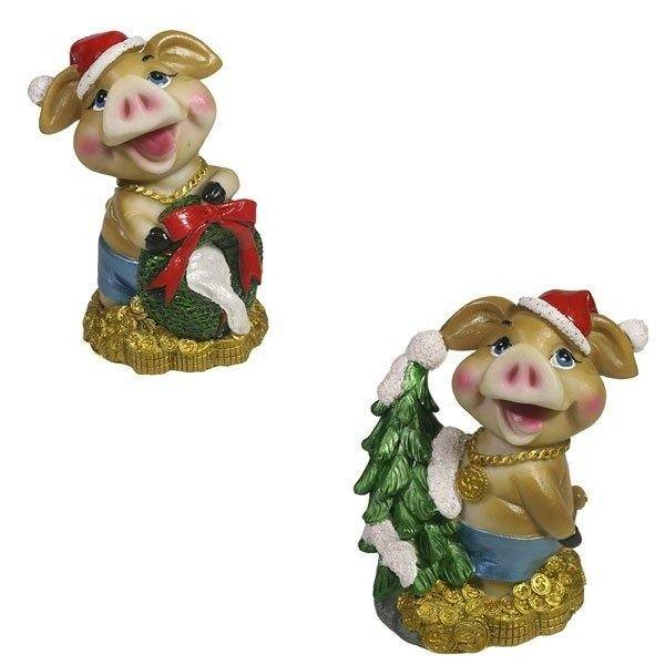 Фигура декоративная "Поросенок с елкой", "Поросенок с венком",  L7,5W5H11,5, 2в. 82-0451 фото 1 — Egidius.ru