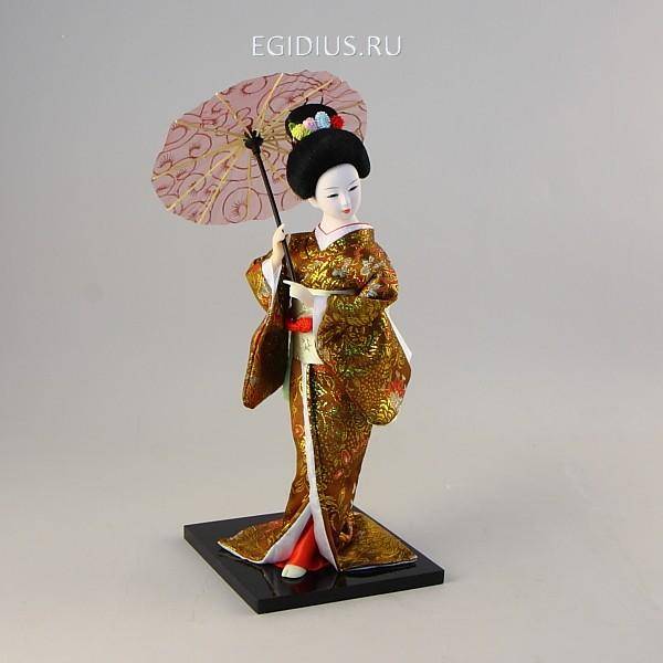 Кукла гейша с зонтиком, оливковое кимоно в горошек 30см 30-0520 фото 1 &mdash; Egidius.ru