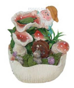 Фонтан с помпой Гном и белые мухоморы с колесом малый Н=15см 10-0461 фото 1 — Egidius.ru