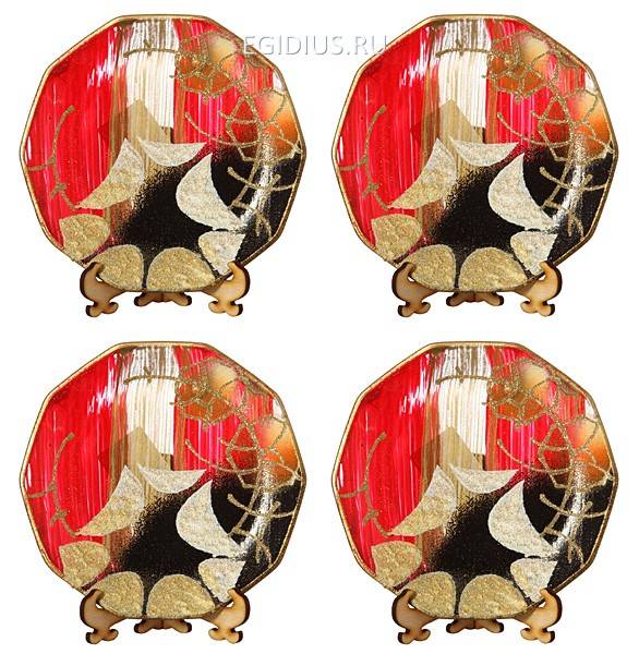 Набор тарелок декоративных из 4 шт."абстракция бордо шестигранник" диаметр=15 см. 319-841 фото 1 — Egidius.ru