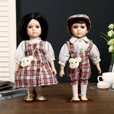 Кукла коллекционная парочка набор 2 шт &quot;Маша и Паша в нарядах в клеточку&quot; 30 см 804-725 — Egidius.ru