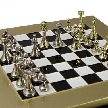 Шахматный набор &quot;Стаунтон, турнирные&quot; (черно-бел. с золотом мет. доска 28х28, дер. короб, фигуры золото/серебро) 31-0814 — Egidius.ru