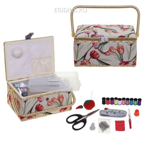 Шкатулка для рукоделия с подносом и набором для шитья, L30,5 W23 H16см 81-4024 фото 1 — Egidius.ru