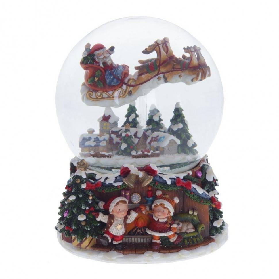 Фигурка декоративная в стекл. шаре с музыкой и эффектом вьюги "Дед Мороз на санях", (3хААА, не прила 80-0943 фото 1 — Egidius.ru