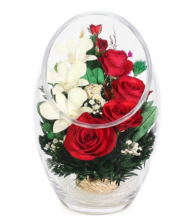 Цветы в стекле: Композиция из натуральных роз и орхидей (ArMM1) 200-018 фото 1 — Egidius.ru