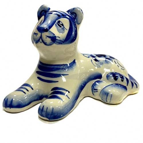 Фигурка Гжель Тигр 28 "Шерхан" синий 8*14см, символ года 2022, 3-2-138 фото 1 &mdash; Egidius.ru