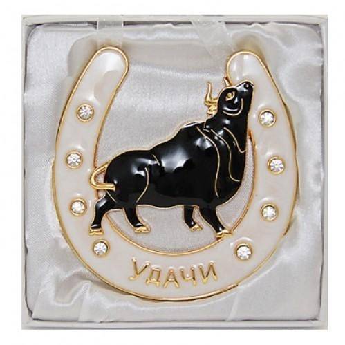 Подкова "Чёрный Бык" с эмалью и стразами,подвесная, 9,5*0,5*9см 3-2-082 фото 1 &mdash; Egidius.ru