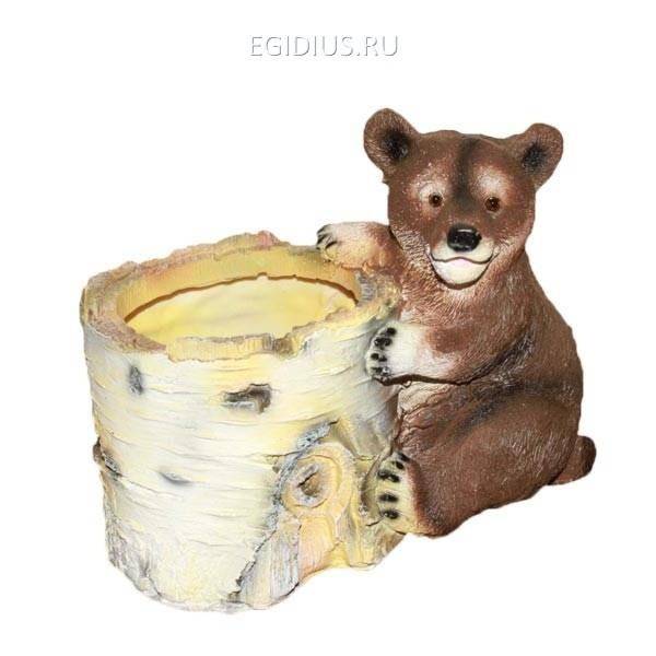 Декоративное кашпо для сада Березовый пень с медведем, L12 W19 H16 см 81-6034 фото 1 — Egidius.ru