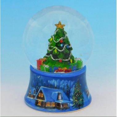 Стеклянный шар с елкой, на фарфоровой подставке со светодиодами D=8см, H=11см 3-1-218 — Egidius.ru