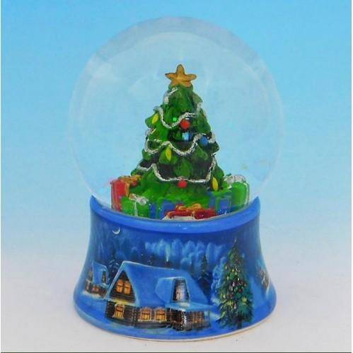 Стеклянный шар с елкой, на фарфоровой подставке со светодиодами D=8см, H=11см 3-1-218 фото 1 — Egidius.ru