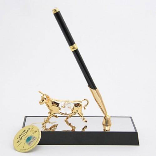 Подарок на новый год 2021, Ручка на подставке с быком 20*6*16см с 2 прозрачными хрусталиками 3-2-077 фото 1 — Egidius.ru