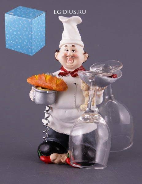 Винный набор:подставка "повар"+2 бокала для вина 150 мл.+штопор.высота=22 см 304-011 фото 1 &mdash; Egidius.ru