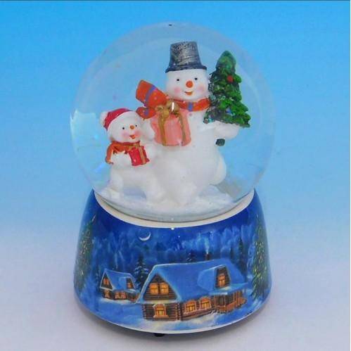 Стеклянный шар со снеговиком, на фарфоровой подставке, музыкальный D=10см,H=14см 3-1-222 фото 1 — Egidius.ru