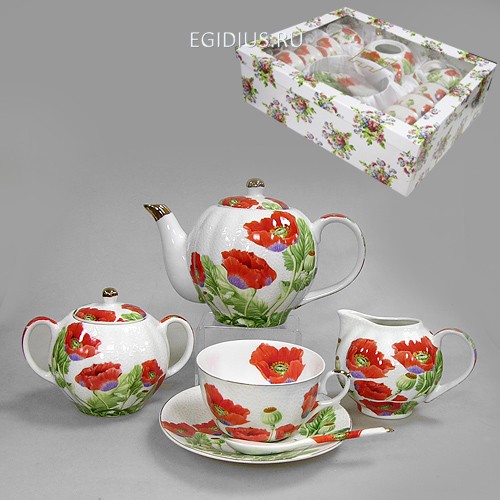 Набор чайный 15 пр. с ложками цветы мака 680мл/250мл под.уп. 900-202 фото 1 — Egidius.ru
