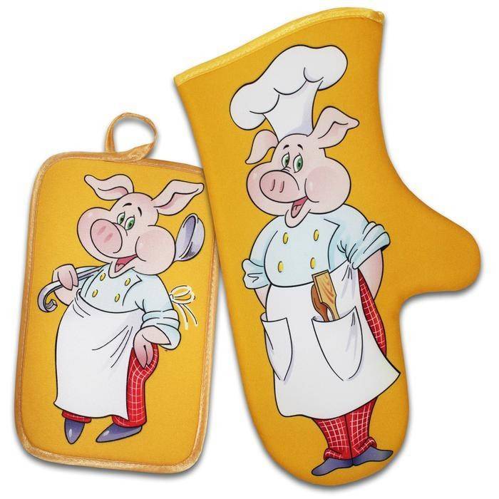 Набор "Повар хрюшка" рукавица 30 см, прихватка 22х15,4 габардин,ваф.п,160 г/м2,100% хл   813-092 фото 1 — Egidius.ru