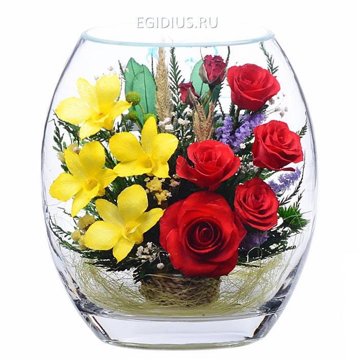 Цветы в стекле: Композиция из натуральных роз и орхидей 200-146 фото 1 — Egidius.ru