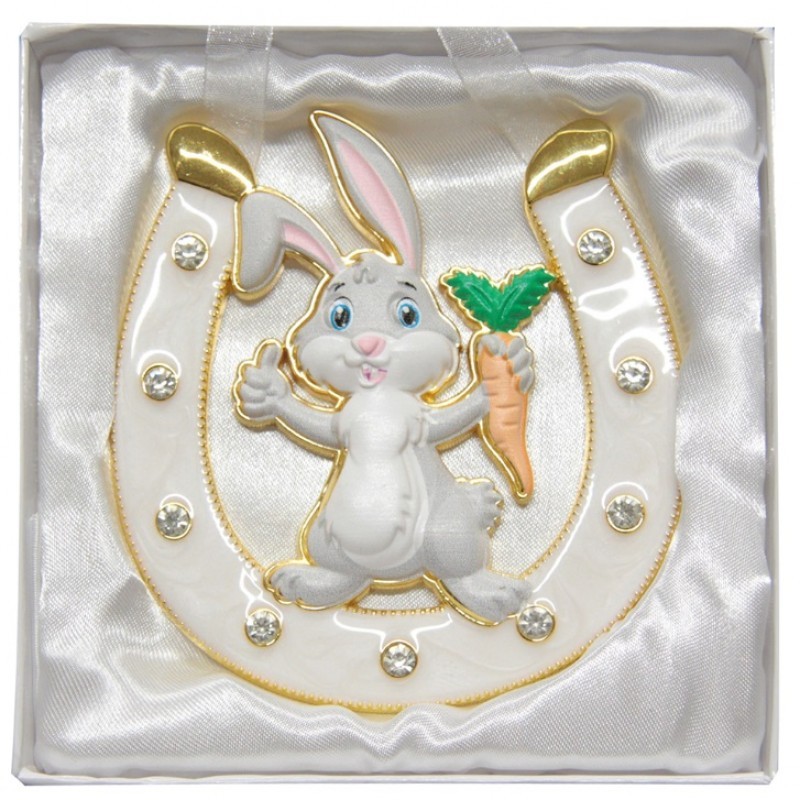 Декоративная подкова "Кролик" подвесная с эмалью и стразами, 10*0,9*10,3см, символ года 2023 кролик/кот 3-2-162 фото 1 &mdash; Egidius.ru