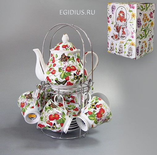 Набор чайный на метал. под. 13 пр. клубника и бабочки 1000мл/200мл цв.уп. 900-225 фото 1 &mdash; Egidius.ru