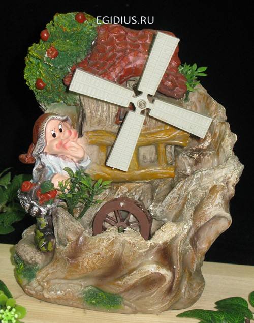 Фонтан с гномиками и мельницей, полистоун W*L*H=18.1*13.2*23.2CM 10-0189 фото 1 &mdash; Egidius.ru