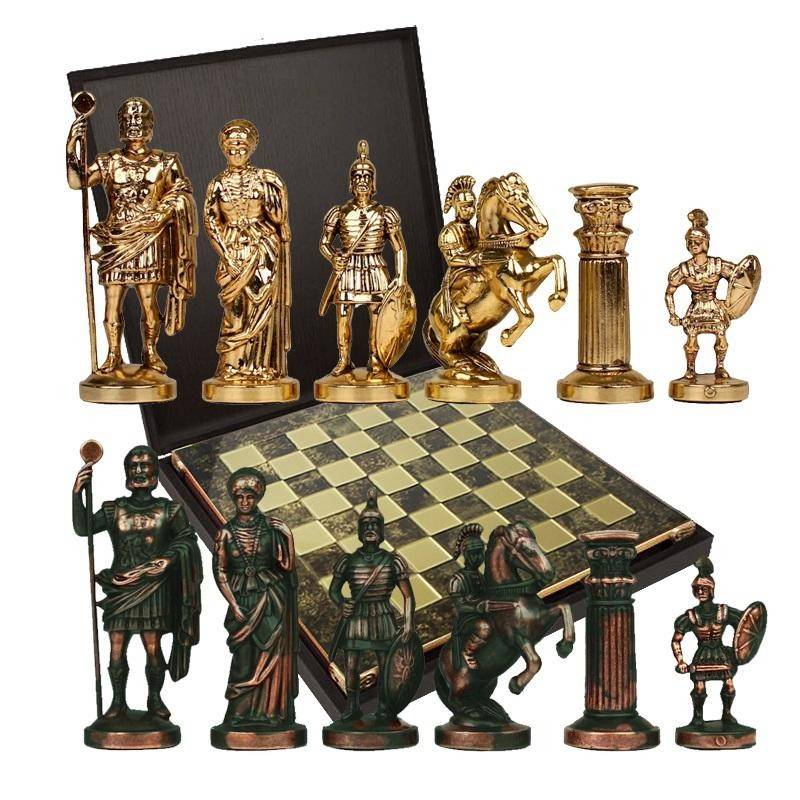 Шахматный набор  "Греко-Романский период"  (коричн. мет. доска 44х44, дер. короб, фигуры золото/антик) 31-0785 фото 1 — Egidius.ru