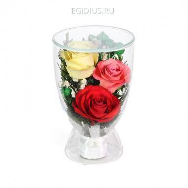Цветы в стекле: Композиция из красных, желтых и розовых роз (арт. CuLR5с) 200-264 — Egidius.ru