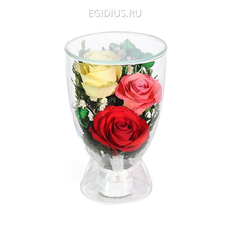 Цветы в стекле: Композиция из красных, желтых и розовых роз (арт. CuLR5с) 200-264 фото 1 — Egidius.ru